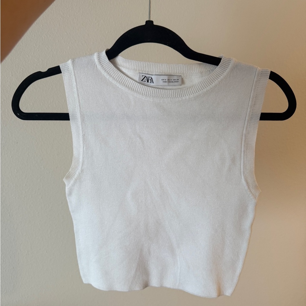Zara White Ribbed Crop Tank Top